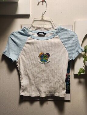 Crop Top Baby Tee "Change The World" Earth Hug Design in Blue & Green